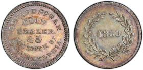UNITED STATES: silvered white metal token, 1860, Miller-Pa90D, EDWARD COGAN / COIN / DEALER / 48 / N. TENTH St. / PHILADELPHIA // 1860 within laurel w...
