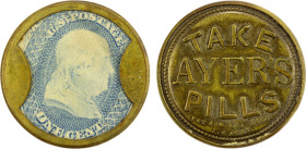 UNITED STATES:1 cent encased postage, ND (1863), HB-17, EP-3, Take Ayer's Pills, Lowell, Massachusetts, plain frame, mica somewhat crazed, average blu...