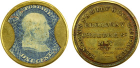 UNITED STATES: 1 cent encased postage, ND (1863), HB-176, EP-21, Mendum's Family Wine Emporium, New York, New York, mica is crazed, average blue Scott...