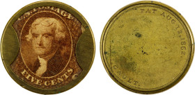 UNITED STATES: 5 cent encased postage, ND (1863), HB-132, EP-79, J. Gault, Boston, Massachusetts and New York, New York, ribbed frame, mica is crazed,...