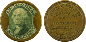 UNITED STATES: 10 cent encased postage, ND (1863), HB-187, EP-124, John W. Norris, Chicago, Illinois, mica is nice, average green Scott-68 stamp, smal...