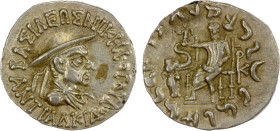 BACTRIA: Antialkides, ca. 115-95 BC, AR drachm (2.49g), Bop-13A, diademed bust of the king, wearing kausia // Zeus enthroned, elephant protome to the ...