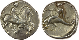 CALABRIA: Tarentum, AR nomos (didrachm) (7.80g), ca. 380-340 BC, Vlasto-467, HNI-880, nude youth on horse galloping right, Θ below // Phalanthos ridin...