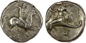 CALABRIA: Tarentum, AR nomos (didrachm) (7.81g), ca. 302-290 BC, Vlasto-594-6, magistrates Dai- and Phi-, helmeted warrior on horseback right, holding...