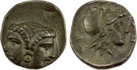 MYSIA: Lampsakos, AR diobol (1.21g), ca. 390-330 BC, diademed janiform female head // head of Athena right, wearing Corinthian helmet, ΛA-M M-YP aroun...