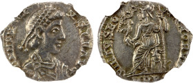 ROMAN EMPIRE: Honorius, 393-423 AD, AR siliqua (1.62g), Mediolanum (Milan), 395-402 AD, RIC-IX/94a, pearl-diademed, draped, and cuirassed bust right, ...