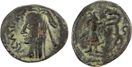 KESH: Unknown ruler, 7th/8th century, AE cash (2.44g), Rtveladze-39, bust left, elaborate hair style with long locks, Sogdian legend before face // si...