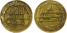 ABBASID: al-Ma'mun, 810-833, AV dinar, NM (Madinat al-Salam), AH205, A-222.14, with only the word lillah above the obverse, ANACS graded XF40, R.

E...