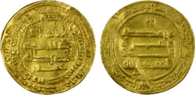 ABBASID: al-Mu'tamid, 870-892, AV dinar (4.20g), Misr, AH260, A-239.1, citing the caliphal heir Ja'far (later entitled al-Mufawwad), creased, VF.

E...