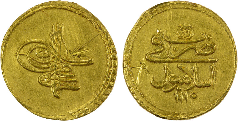 TURKEY: Ahmed III, 1703-1730, AV sultani (findik) (3.32g), Islambul, AH1115, KM-...