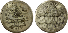TURKEY: Mustafa IV, 1807-1808, AR kurush (11.84g), Kostantiniye, AH1222 year 1, KM-539, mount removed, VF, R.

Estimate: USD 120 - 160