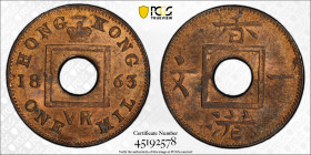 HONG KONG: Victoria, 1841-1901, AE mil, 1863, KM-1, much red, PCGS graded MS63 RB.

Estimate: USD 100 - 150