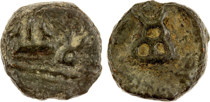 TAXILA: Anonymous, ca. 200-150 BC, AE round unit (3.31g), lotus standard & tauri...