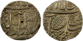 SIKH EMPIRE: AR nanakshahi rupee (11.07g), Amritsar, VS192 (error for 1902), Herrli-01.12.04, KM-22.8., VS1885 series, with pataka (banner) in the obv...
