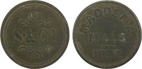 CEYLON: Sabonadiere & Co. 18 cents token (4.60g), 1877, Prid-87, 29mm zinc token, "S & Co." with ornaments above and below // "MADDEMA / MILLS / 1877"...