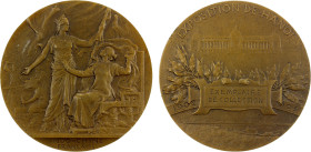 FRENCH INDOCHINA: AE medal (19.35g), 1903, Ruedas-60, 36mm unissued bronze award medal for the Exposition de Hanoï by A. Patey, France personified wea...