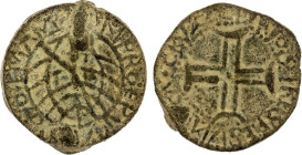 PORTUGUESE MALACCA: Manuel I, 1511-1521, tin bastardo (47.46g), SS-M05 ff, issued 1511-1515, armillary sphere // cross potent, VF, ex Akio Seki Collec...