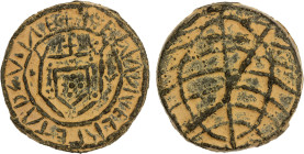PORTUGUESE MALACCA: Manuel I, 1511-1521, tin bastardo (12.85g), SS-M25, issued 1517-1521, crowned coat-of-arms, I-V across field // armillary sphere w...