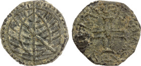 PORTUGUESE MALACCA: Manuel I, 1511-1521, tin soldo (4.66g), SS-M27 ff, issued 1511-1515, armillary sphere // cross potent, gorgeous example with well-...