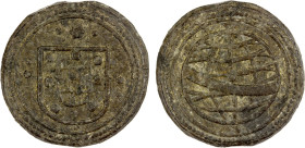 PORTUGUESE MALACCA: João III, 1521-1557, tin bastardo (10.29g), SS-J3.03, coat-of-arms flanked by two dotted crosses, star surrounded by dots above //...
