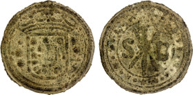 PORTUGUESE MALACCA: Sebastião, 1557-1578, tin bastardo (15.69g), SS-S01, crowned coat-of-arms flanked by dots // three crossed arrows dividing S-B, VF...