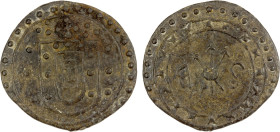 PORTUGUESE MALACCA: Sebastião, 1557-1578, tin bastardo (6.08g), SS-S04, coat-of-arms flanked by dots, dotted cross above // three crossed arrows divid...