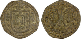 PORTUGUESE MALACCA: Sebastião, 1557-1578, tin bastardo (8.71g), SS-S05, coat-of-arms flanked by dots, dotted rosette above // three crossed arrows div...