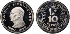 RAS AL KHAIMA: Saqr b. Muhammad al-Qasimi, 1948-2010, AR 10 riyals, 1970, KM-31, First Anniversary of the Death of Dwight Eisenhower, type 2, PCGS gra...