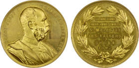 AUSTRIA: Franz Joseph I, 1848-1916, AE medal (15.13g), 1892, Hauser-unlisted, 36mm gilt bronze souvenir medal for the Majesty of the Emperor in Brünn ...