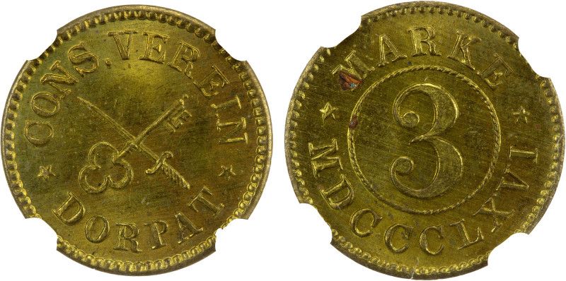 ESTONIA: DORPAT: brass 3 marke, 1866, Laan-T125, issued by the Dorpat Consumvere...