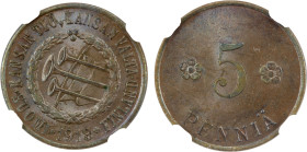 FINLAND: Liberated Finnish Government, AE 5 penniä, 1918, KM-21.1, Sieg-14, variety with wreath knot centered between 9 and 1 of date below, three tru...
