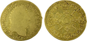 FRANCE: Louis XIV, 1643-1715, AV louis d'or aux quatre L (6.39g), Limoges, 1696-I, KM-302.10, Fr-433, Gad-252, overstruck on an earlier louis d'or, a ...