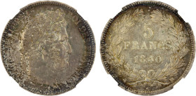 FRANCE: Louis Philippe, 1830-1848, AR 5 francs, 1840-BB, KM-749, Gad-678, Strasbourg Mint, NGC graded AU55. WINGS, ex Louis Baptiste Dupont Collection...