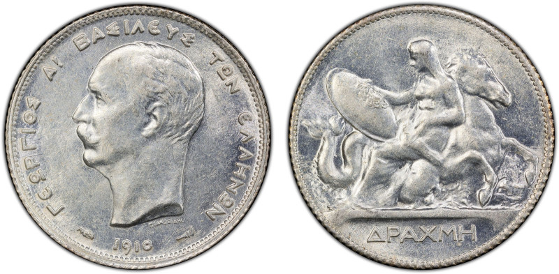 GREECE: George I, 1863-1913, AR drachma, 1910, KM-60, struck at the Paris Mint, ...