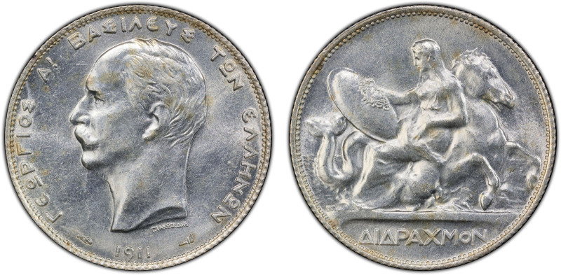 GREECE: George I, 1863-1913, AR 2 drachmai, 1911, KM-61, struck at the Paris Min...