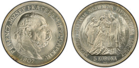 HUNGARY: Franz Joseph I, 1848-1916, AR 5 korona, 1907-KB, KM-489, 40th Anniversary of the Coronation of Franz Joseph I as King of Hungary, proof restr...
