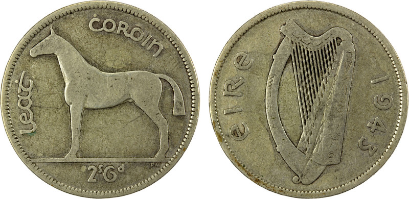 IRELAND: Republic, AR 1/2 crown, 1943, KM-16, Irish Hunter Horse, key date, mint...