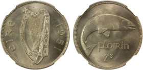 IRELAND: Republic, florin, 1951, KM-15a, Salmon, great luster, somewhat better date for the type, a lovely example! NGC graded MS66. Pop 6/0 as of Mar...