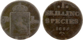 NORWAY: Carl XIV Johan, 1818-1844, AE skilling, 1825, KM-286, NM-61, several planchet flaws (as usual with this type), better date, Good to VG, RR.
...
