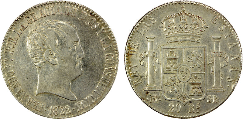 SPAIN: Fernando VII, 1808-1833, AR 20 reales, 1822-M, KM-561, initials SR, de Ve...