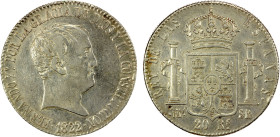 SPAIN: Fernando VII, 1808-1833, AR 20 reales, 1822-M, KM-561, initials SR, de Vellon Coinage, a couple small scratches, pleasing appearance, EF, ex Jo...