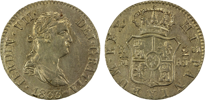 SPAIN: Fernando VII, 1808-1833, 2 reales imitation (3.99g), 1833-C, as KM-460.2,...