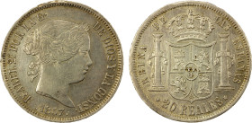 SPAIN: Isabel II, 1833-1868, AR 20 reales, Seville, 1857, KM-609.3, lightly cleaned, starting to retone, EF, ex Joe Sedillot Collection.

Estimate: ...