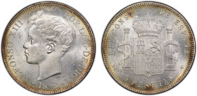 SPAIN: Alfonso XIII, 1886-1931, AR 5 pesetas, 1898, KM-707, mint official's initials SGV, an attractive lustrous example, PCGS graded MS62, ex Joe Sed...