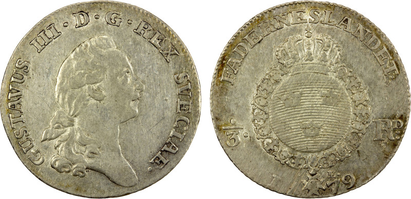 SWEDEN: Gustaf III, 1771-1792, AR 1/3 riksdaler, 1779, KM-525, Cr-67a, initials ...