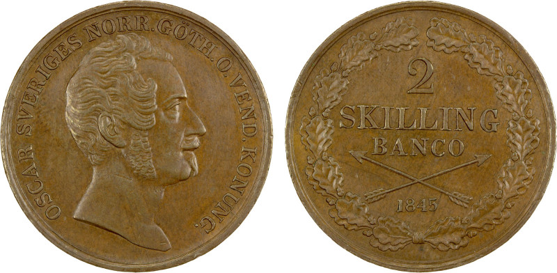 SWEDEN: Oscar I, 1844-1859, AE 2 skilling, 1845, KM-660, Cr-164, key date of the...