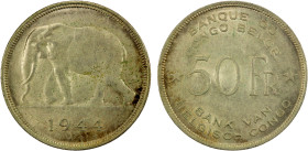 BELGIAN CONGO: Leopold III, 1934-1950, AR 50 francs, 1944, KM-27, struck at the South African Mint, Pretoria, elephant left, mottled toning, Unc, ex S...