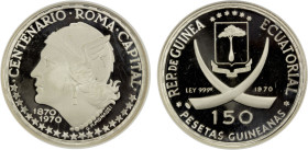 EQUATORIAL GUINEA: Republic, AR 150 pesetas, 1970, KM-17, Centennial of the Capital Rome-Mercury, mintage of only 3,520 pieces, NGC graded Proof 68 Ul...