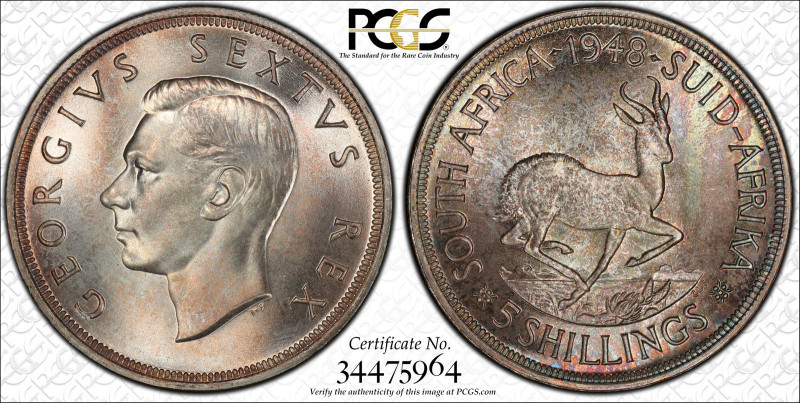 SOUTH AFRICA: George VI, 1936-1952, AR 5 shillings, 1948, KM-40.1, Springbok, li...