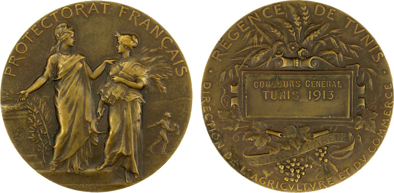 TUNISIA: French Protectorate, AE medal (66.17g), 1913, Ruedas-17, 50mm bronze aw...